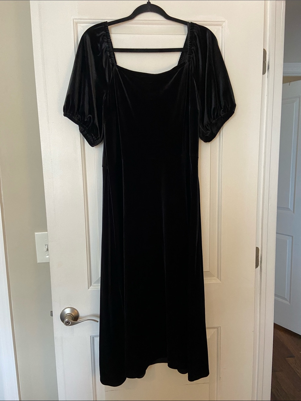 LOFT Black Velvet Midi Dress with Puff Sleeves and Square Neck